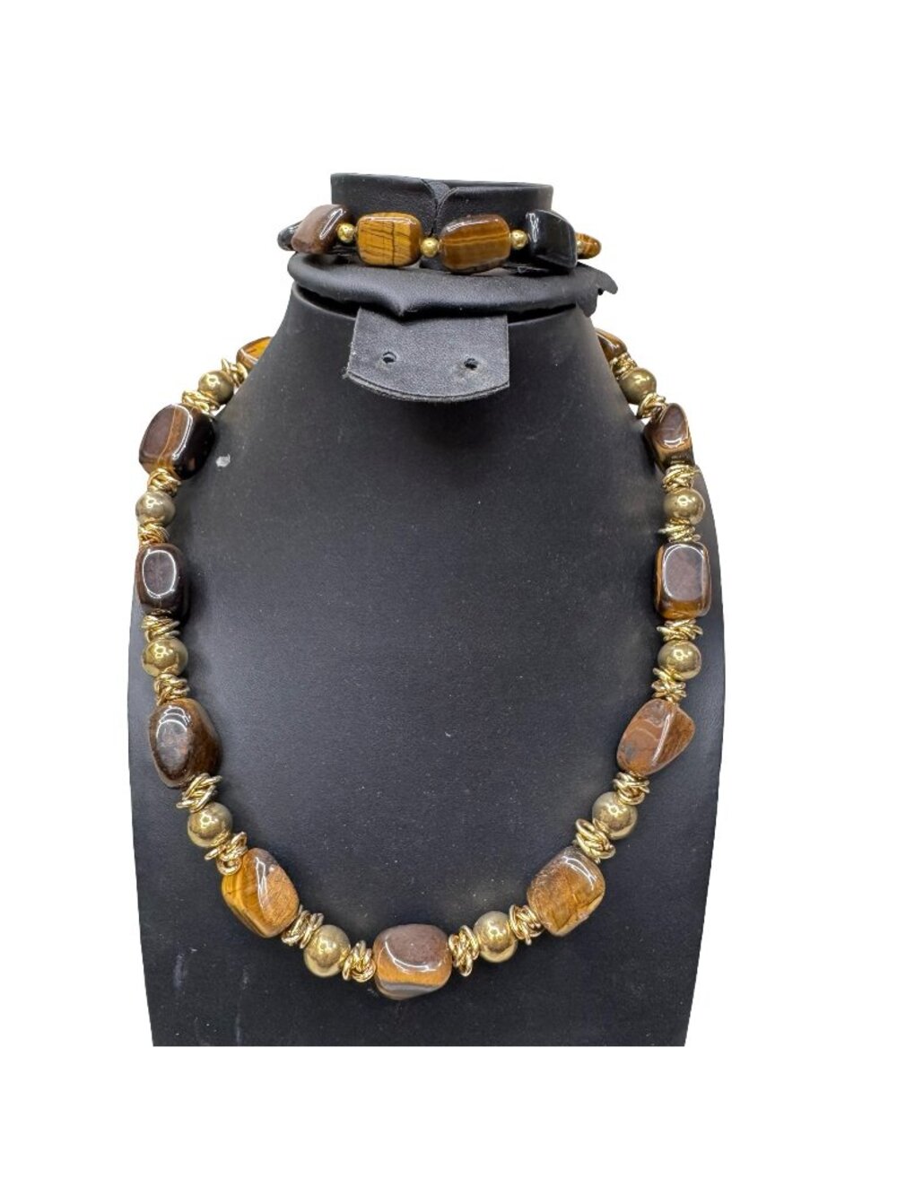 Stauer Gold-Tone Beaded Necklace Bracelet Set Tiger Eye Stones 21" Statement